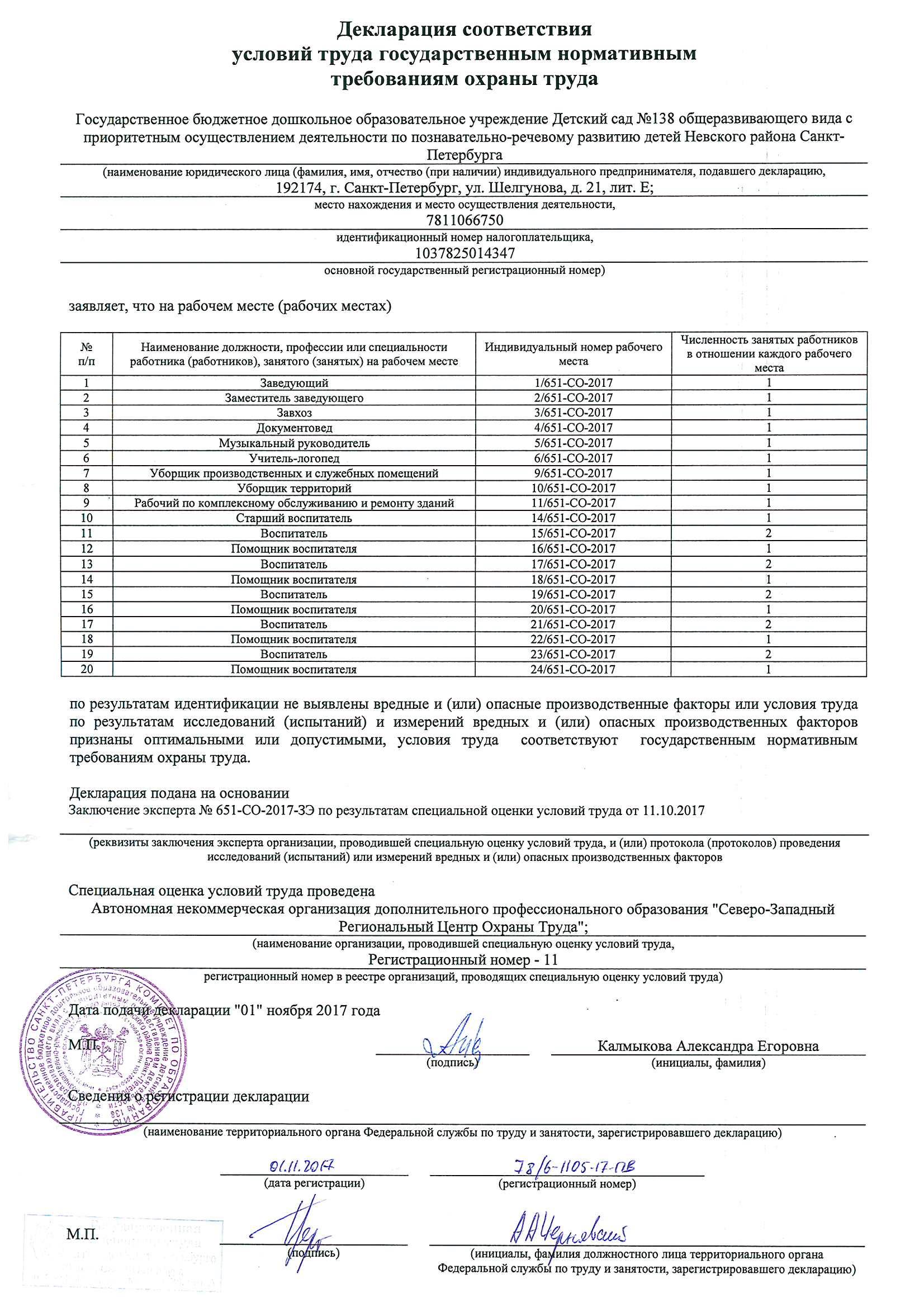 Образец декларации соответствия условий труда государственным ...